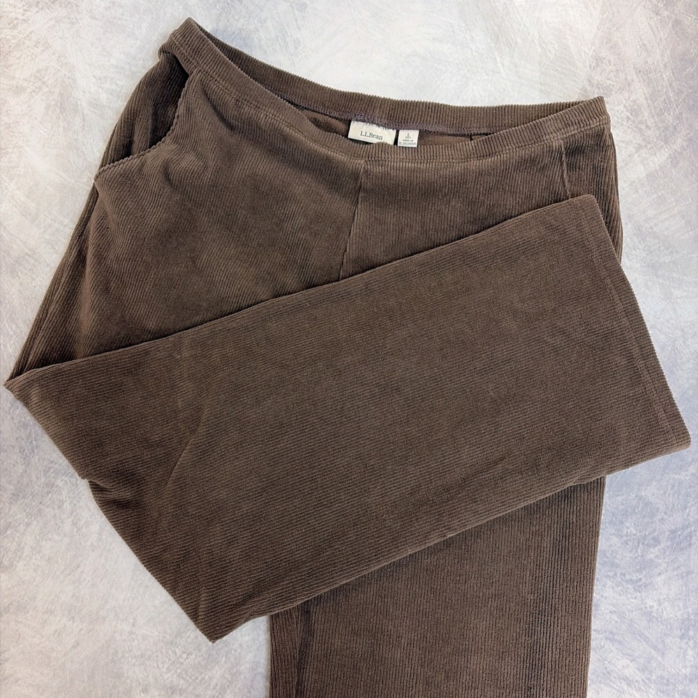 L.L.Bean Corduroy Pants Women Large Petite Brown Straight Leg Elastic Waist